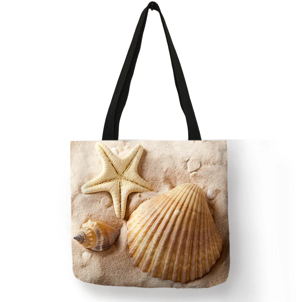 Ladies Shoulder Bag Blue Ocean Starfish Beach Sand Prints Tote Shopping Bag Linen Fabric Beautiful Casual Practical Handbag
