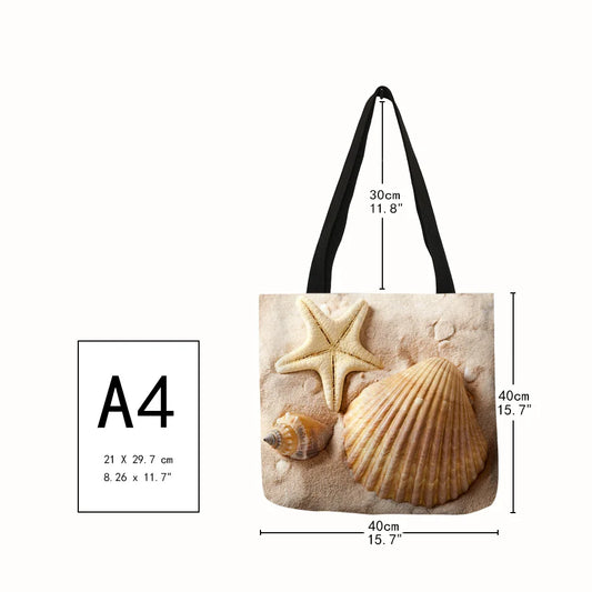 Ladies Shoulder Bag Blue Ocean Starfish Beach Sand Prints Tote Shopping Bag Linen Fabric Beautiful Casual Practical Handbag