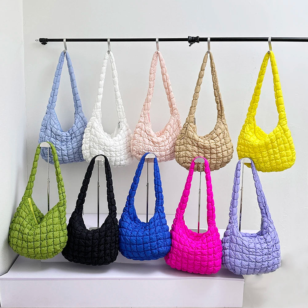 Ladies Tote Bags Large Capacity Lattice Pattern Female Hand Bag Casual Fashion Simple Nylon Quilted Elegant for Weekend Vacation