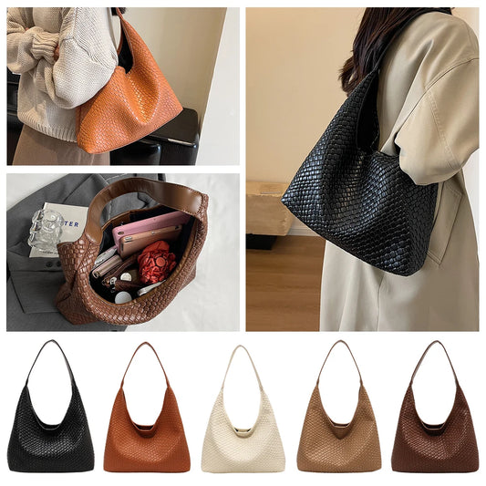 Ladies PU Woven Tote Bag For Women Large Shoulder Satchel Hobo Bag with Pouch Casual Top Handle Bag Armpit Handbag Shopping Bag