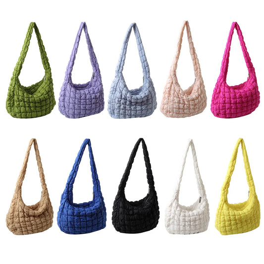 Ladies Tote Bags Large Capacity Lattice Pattern Female Hand Bag Casual Fashion Simple Nylon Quilted Elegant for Weekend Vacation