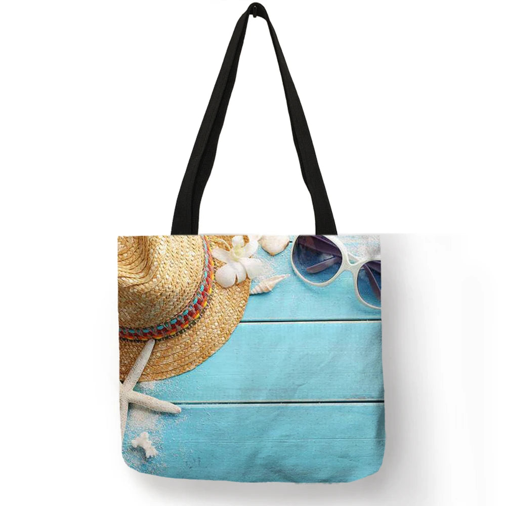 Ladies  Shoulder Bag Blue Ocean Starfish Beach Sand Prints Tote Shopping Bag Linen Fabric Beautiful Casual Practical Handbag