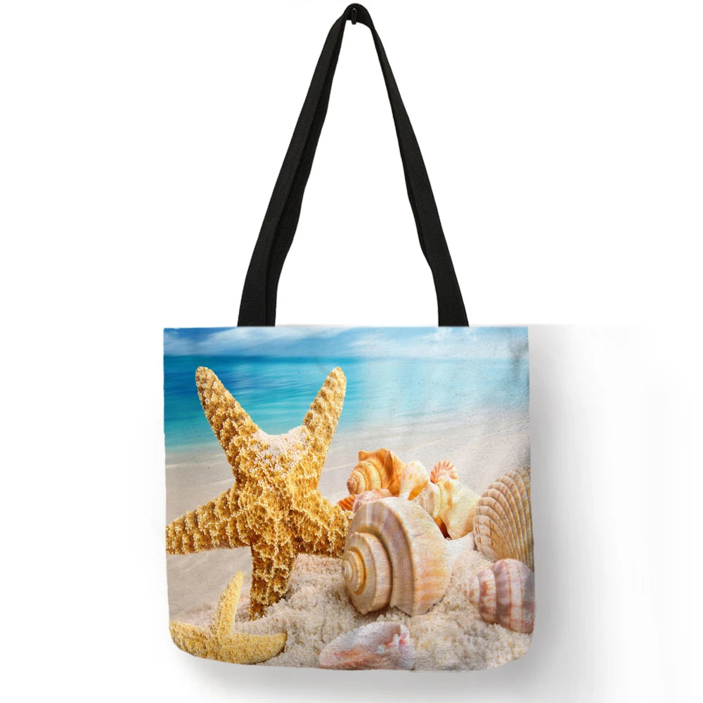 Ladies  Shoulder Bag Blue Ocean Starfish Beach Sand Prints Tote Shopping Bag Linen Fabric Beautiful Casual Practical Handbag