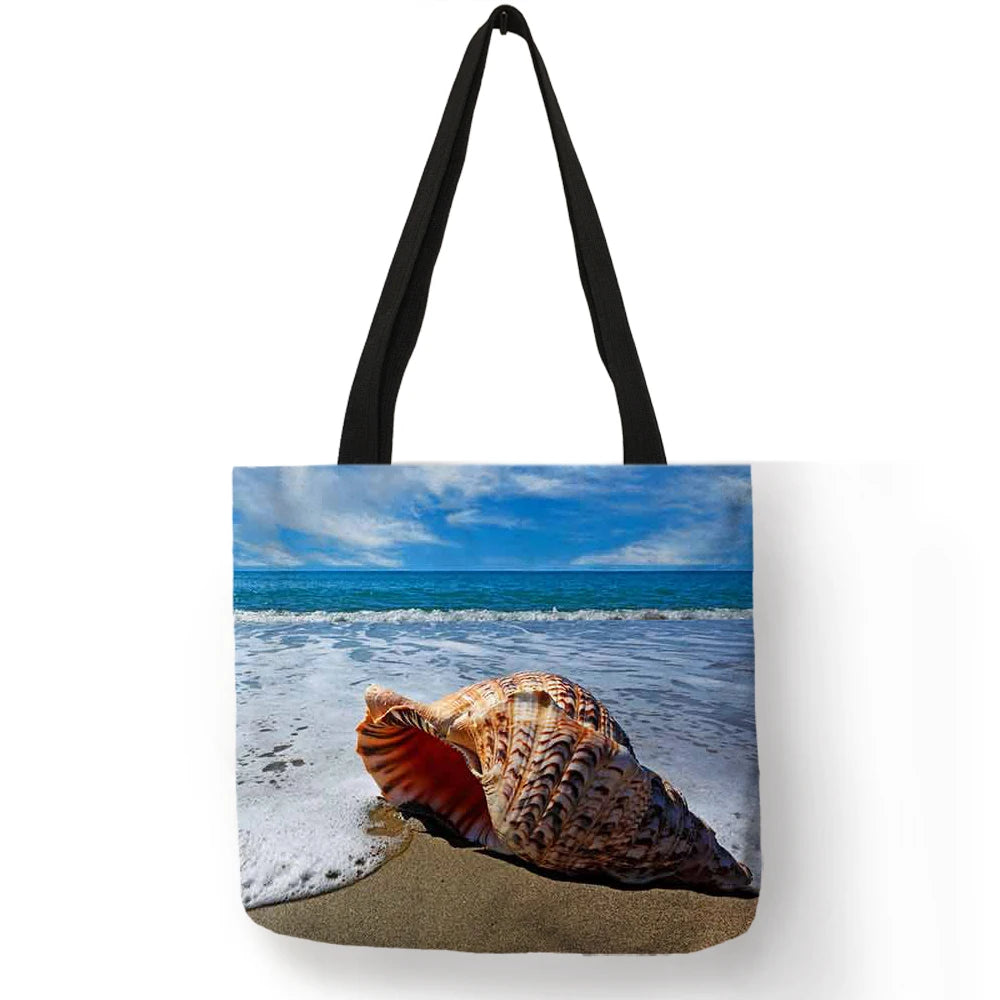Ladies  Shoulder Bag Blue Ocean Starfish Beach Sand Prints Tote Shopping Bag Linen Fabric Beautiful Casual Practical Handbag