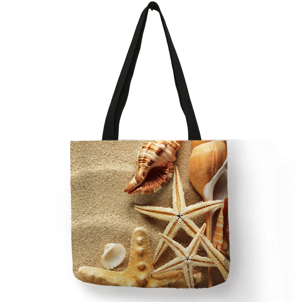 Ladies  Shoulder Bag Blue Ocean Starfish Beach Sand Prints Tote Shopping Bag Linen Fabric Beautiful Casual Practical Handbag