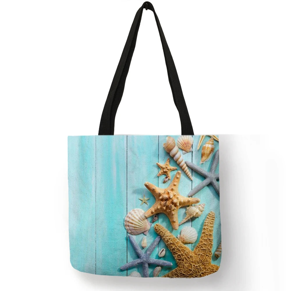 Ladies  Shoulder Bag Blue Ocean Starfish Beach Sand Prints Tote Shopping Bag Linen Fabric Beautiful Casual Practical Handbag