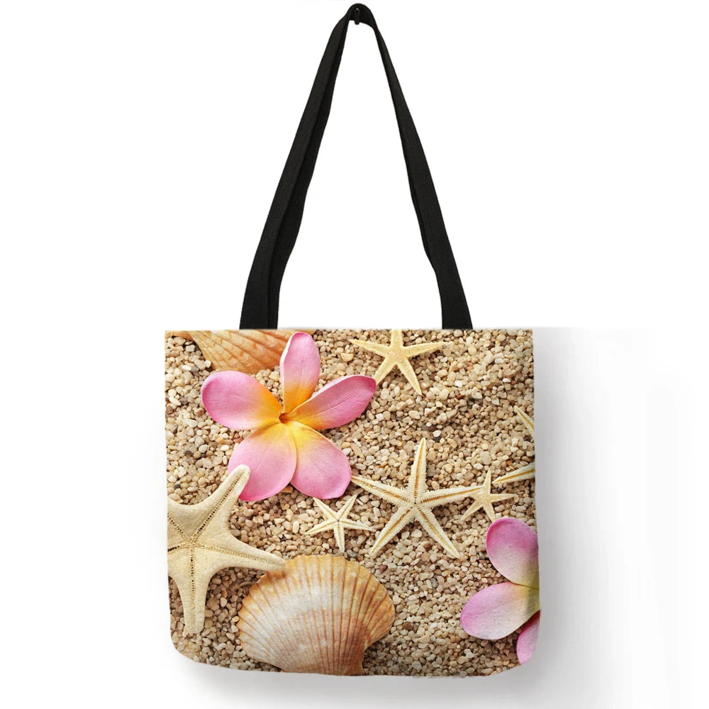 Ladies  Shoulder Bag Blue Ocean Starfish Beach Sand Prints Tote Shopping Bag Linen Fabric Beautiful Casual Practical Handbag
