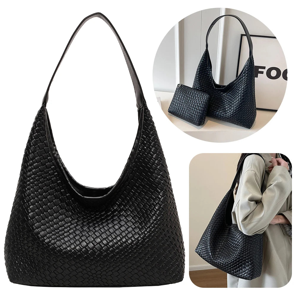 Ladies PU Woven Tote Bag For Women Large Shoulder Satchel Hobo Bag with Pouch Casual Top Handle Bag Armpit Handbag Shopping Bag