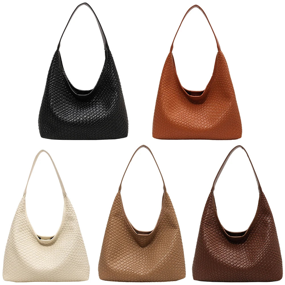 Ladies PU Woven Tote Bag For Women Large Shoulder Satchel Hobo Bag with Pouch Casual Top Handle Bag Armpit Handbag Shopping Bag