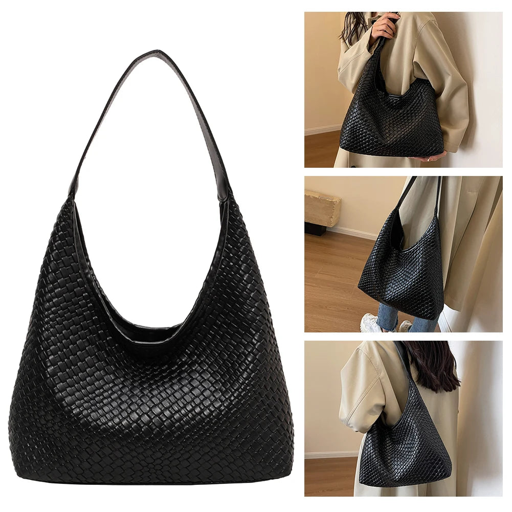 Ladies PU Woven Tote Bag For Women Large Shoulder Satchel Hobo Bag with Pouch Casual Top Handle Bag Armpit Handbag Shopping Bag
