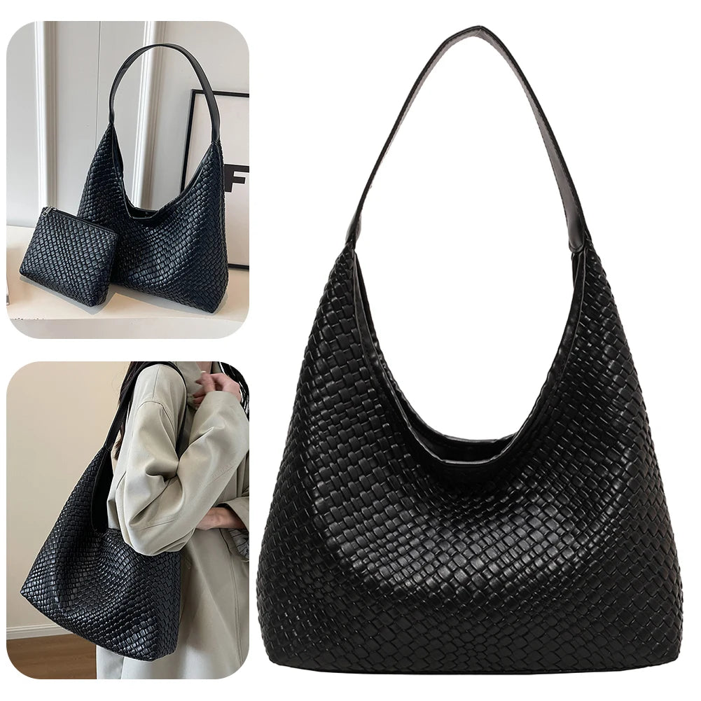 Ladies PU Woven Tote Bag For Women Large Shoulder Satchel Hobo Bag with Pouch Casual Top Handle Bag Armpit Handbag Shopping Bag