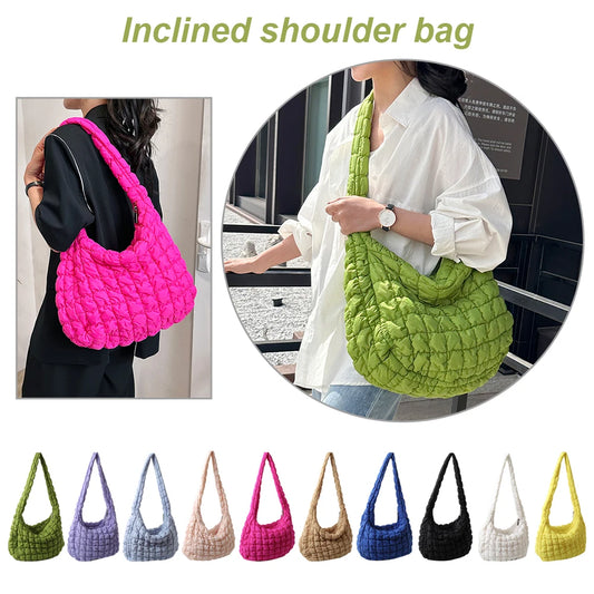 Ladies Tote Bags Large Capacity Lattice Pattern Female Hand Bag Casual Fashion Simple Nylon Quilted Elegant for Weekend Vacation