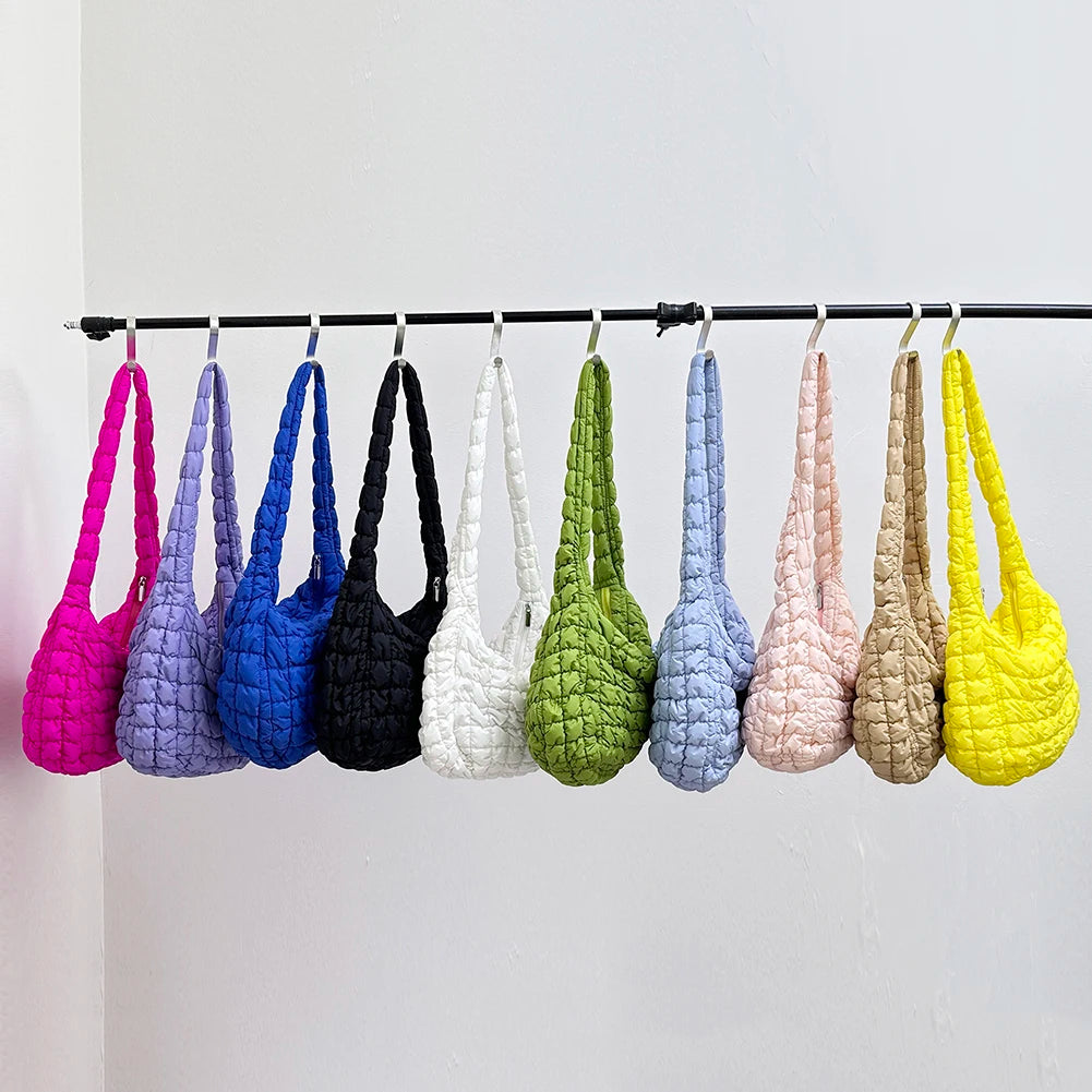 Ladies Tote Bags Large Capacity Lattice Pattern Female Hand Bag Casual Fashion Simple Nylon Quilted Elegant for Weekend Vacation